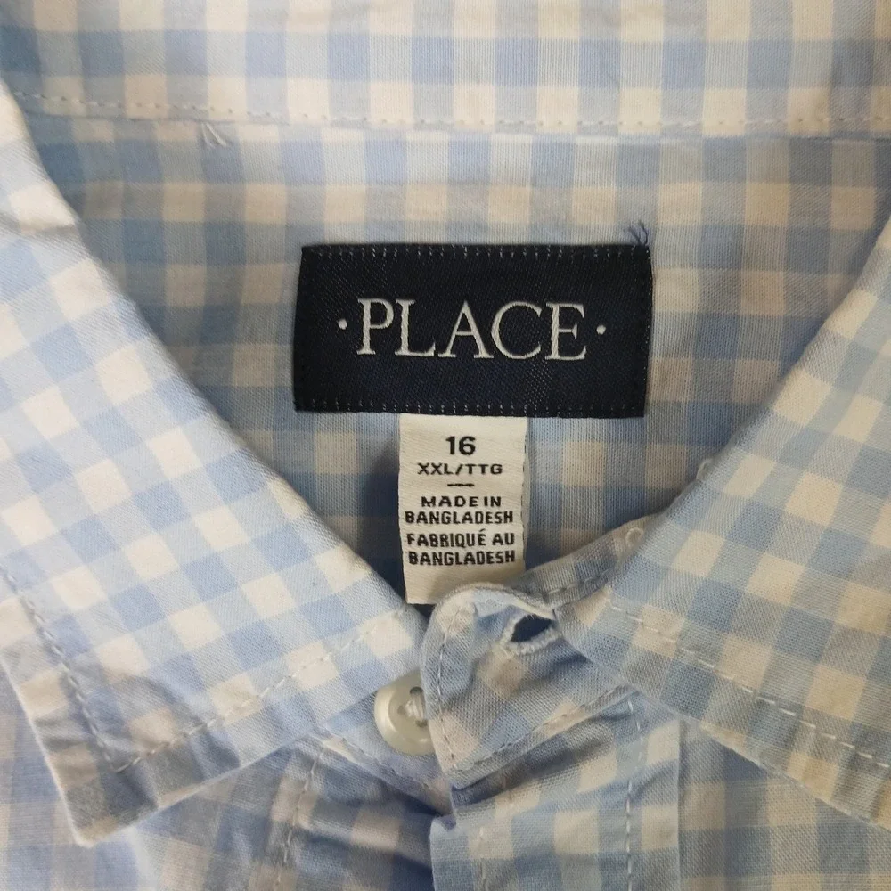 The Children's Place Shirt Boys XXL 16 Whirlwind Blue Gingham Button Down NEW